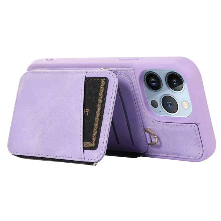 Para iPhone 13 Pro Kickstand Zipper Phone Case Wallet Cover PU Leather+TPU Phone Shell - Púrpura