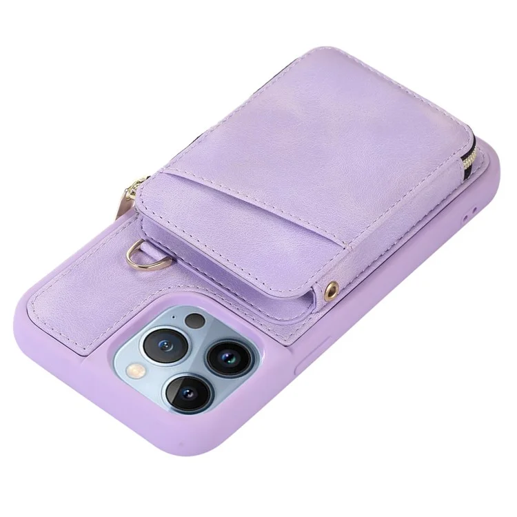 Para iPhone 13 Pro Kickstand Zipper Phone Case Wallet Cover PU Leather+TPU Phone Shell - Púrpura