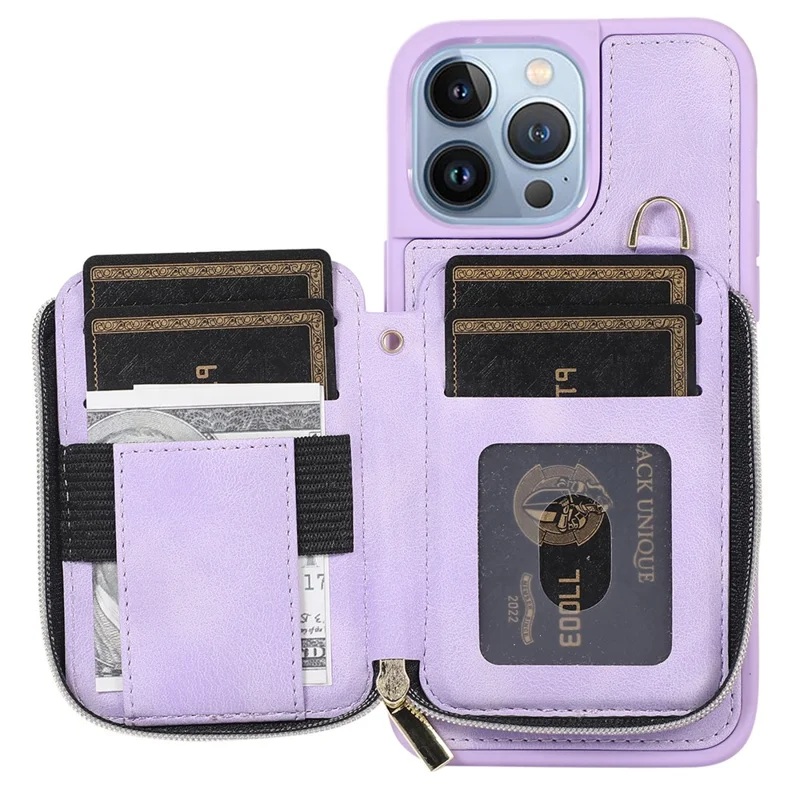 Para iPhone 13 Pro Kickstand Zipper Phone Case Wallet Cover PU Leather+TPU Phone Shell - Púrpura