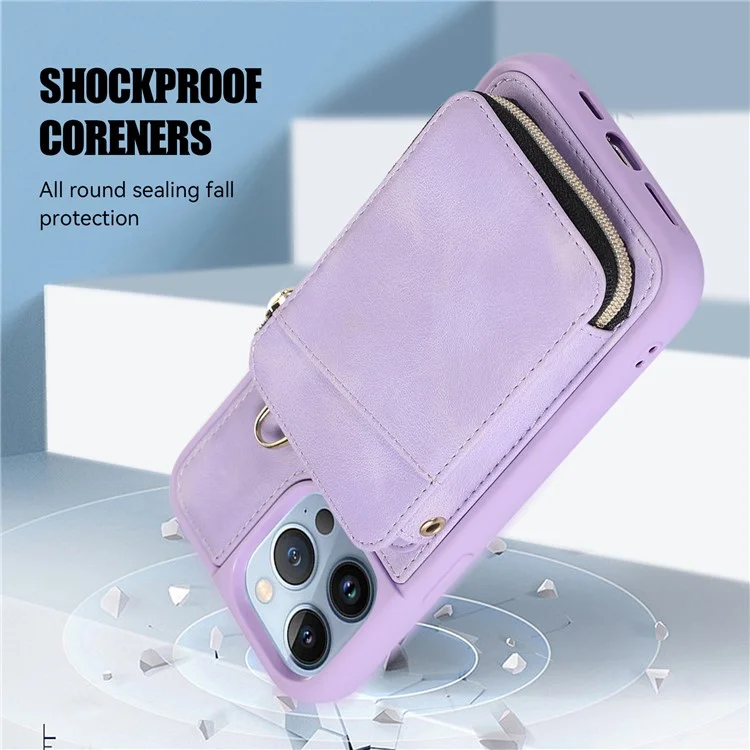 Para iPhone 13 Pro Kickstand Zipper Phone Case Wallet Cover PU Leather+TPU Phone Shell - Púrpura