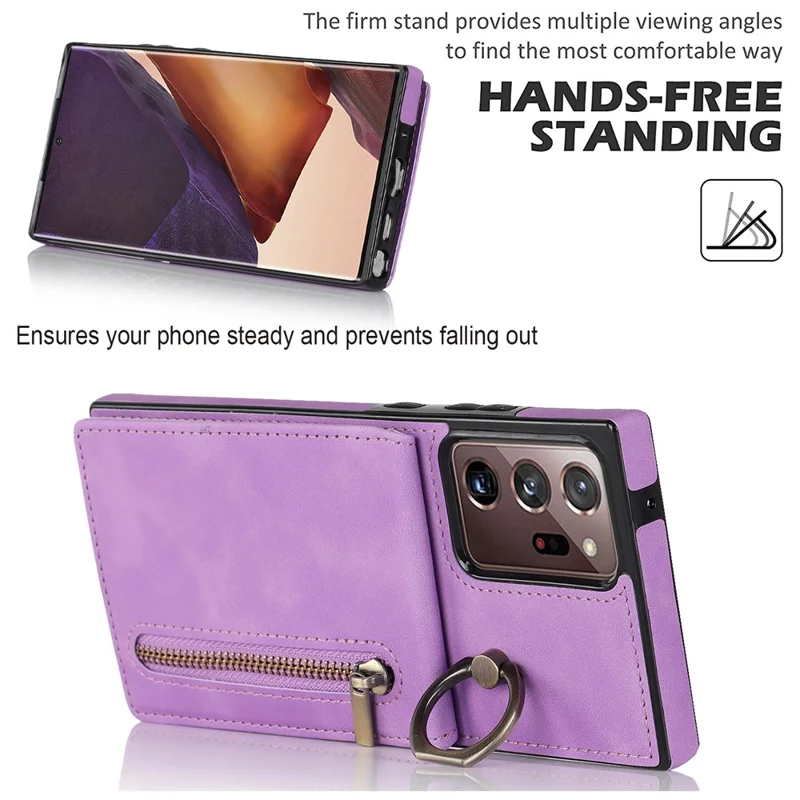 RFID Blocking Phone Case for Samsung Galaxy Note20 Ultra / Note20 Ultra 5G Retro PU+TPU Kickstand Cover with Zippered Wallet - Purple