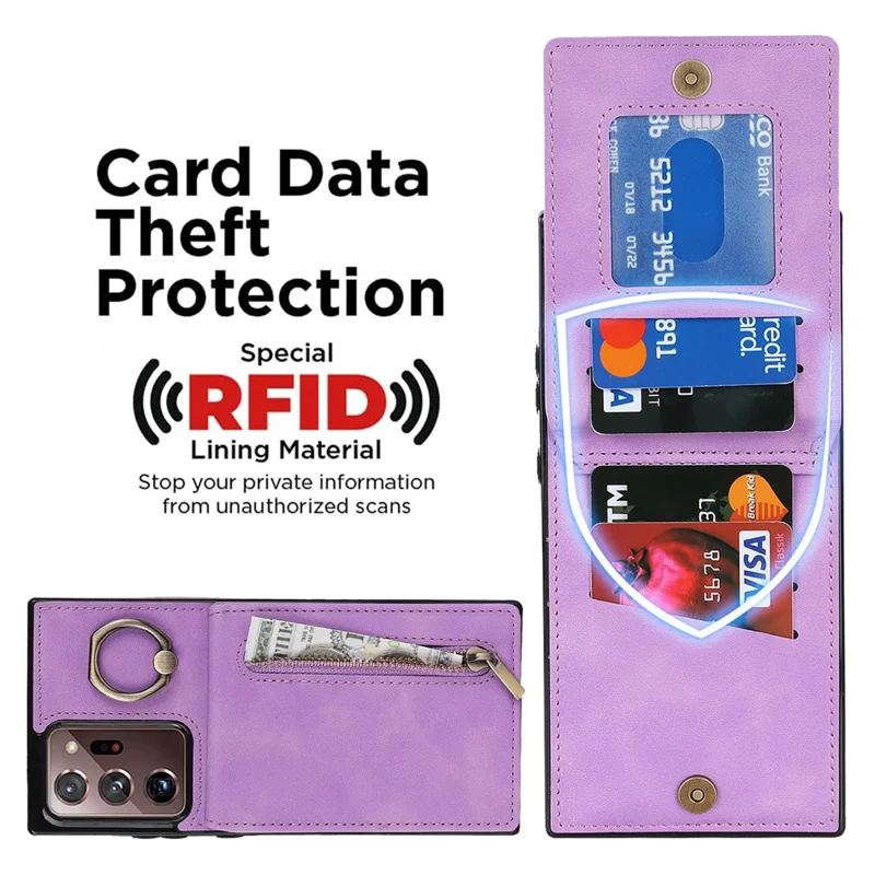 RFID Blocking Phone Case for Samsung Galaxy Note20 Ultra / Note20 Ultra 5G Retro PU+TPU Kickstand Cover with Zippered Wallet - Purple
