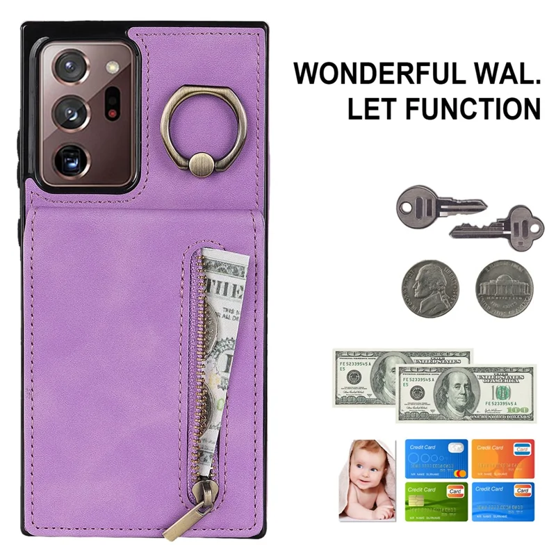 RFID Blocking Phone Case for Samsung Galaxy Note20 Ultra / Note20 Ultra 5G Retro PU+TPU Kickstand Cover with Zippered Wallet - Purple