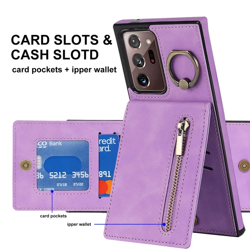 RFID Blocking Phone Case for Samsung Galaxy Note20 Ultra / Note20 Ultra 5G Retro PU+TPU Kickstand Cover with Zippered Wallet - Purple