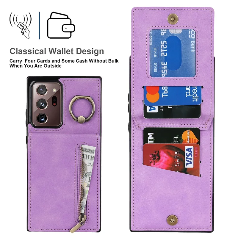 RFID Blocking Phone Case for Samsung Galaxy Note20 Ultra / Note20 Ultra 5G Retro PU+TPU Kickstand Cover with Zippered Wallet - Purple