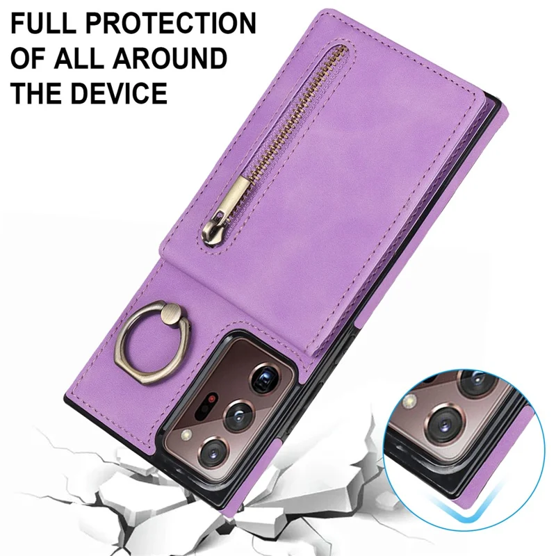 RFID Blocking Phone Case for Samsung Galaxy Note20 Ultra / Note20 Ultra 5G Retro PU+TPU Kickstand Cover with Zippered Wallet - Purple