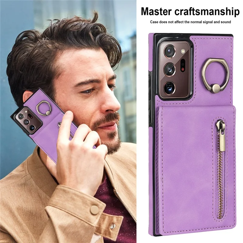RFID Blocking Phone Case for Samsung Galaxy Note20 Ultra / Note20 Ultra 5G Retro PU+TPU Kickstand Cover with Zippered Wallet - Purple