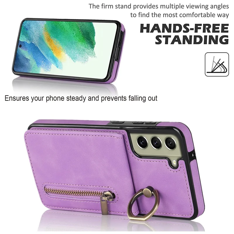 Kickstand Zippered Wallet Case for Samsung Galaxy S21 FE 5G Retro PU+TPU RFID Blocking Phone Cover - Purple