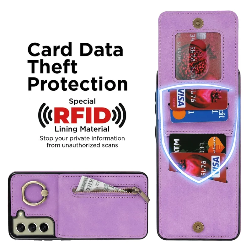 Kickstand Zippered Wallet Case for Samsung Galaxy S21 FE 5G Retro PU+TPU RFID Blocking Phone Cover - Purple
