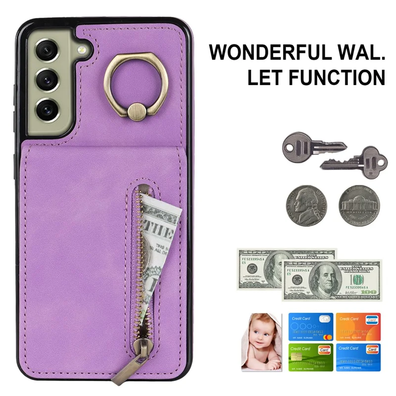 Kickstand Zippered Wallet Case for Samsung Galaxy S21 FE 5G Retro PU+TPU RFID Blocking Phone Cover - Purple
