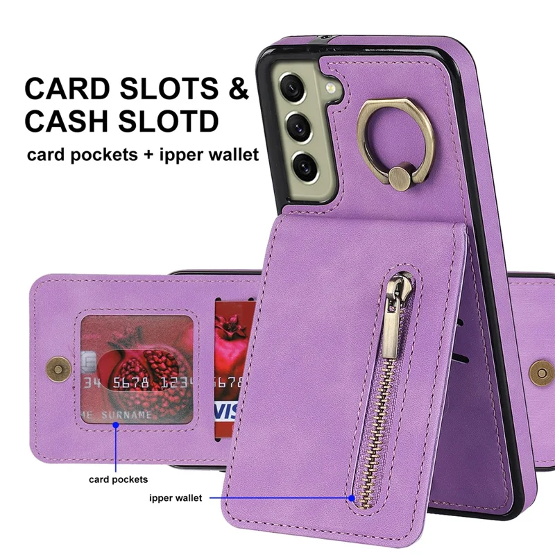 Kickstand Zippered Wallet Case for Samsung Galaxy S21 FE 5G Retro PU+TPU RFID Blocking Phone Cover - Purple