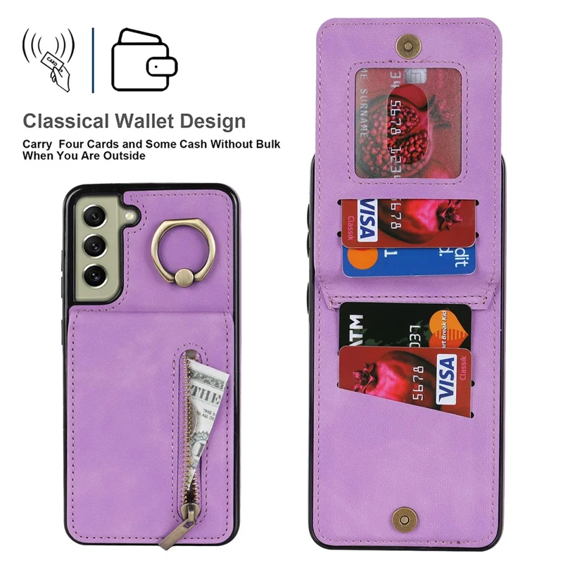 Retro PU+TPU Kickstand Case Para Samsung Galaxy S22 5G RFID Bloqueando a Tampa do Telefone Com Carteira Com Zíper - Roxo