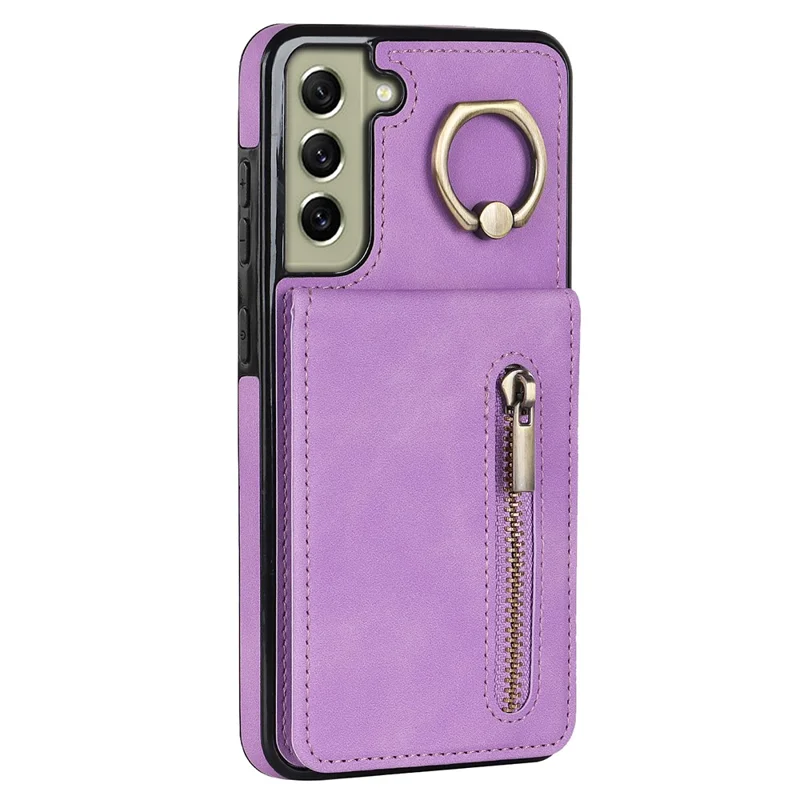 Retro PU+TPU Kickstand Case Para Samsung Galaxy S22 5G RFID Bloqueando a Tampa do Telefone Com Carteira Com Zíper - Roxo