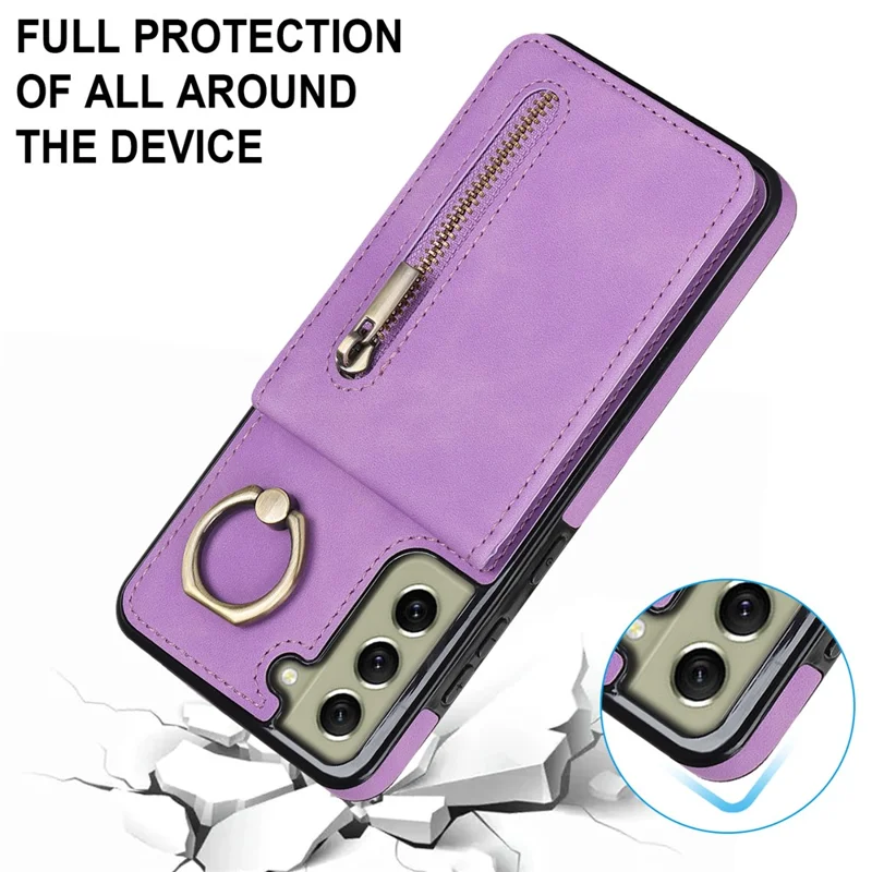 Retro PU+TPU Phone Case for Samsung Galaxy S22+ 5G RFID Blocking Zippered Wallet Phone Cover with Kickstand - Purple