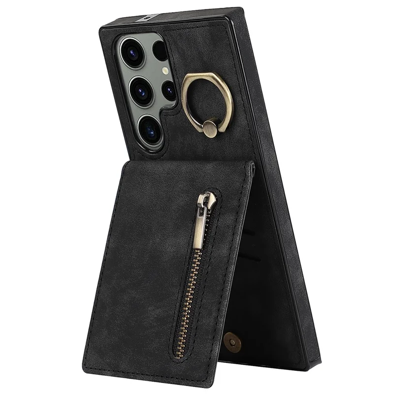 Kickstand Phone Cover for Samsung Galaxy S23 Ultra RFID Blocking PU+TPU Wallet Phone Case - Black