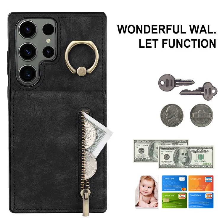 Kickstand Phone Cover for Samsung Galaxy S23 Ultra RFID Blocking PU+TPU Wallet Phone Case - Black