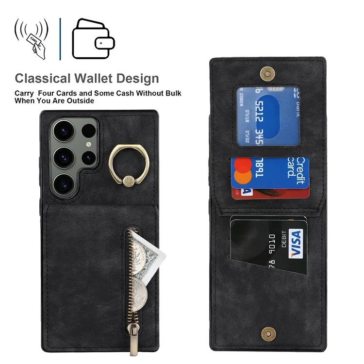 Kickstand Phone Cover for Samsung Galaxy S23 Ultra RFID Blocking PU+TPU Wallet Phone Case - Black