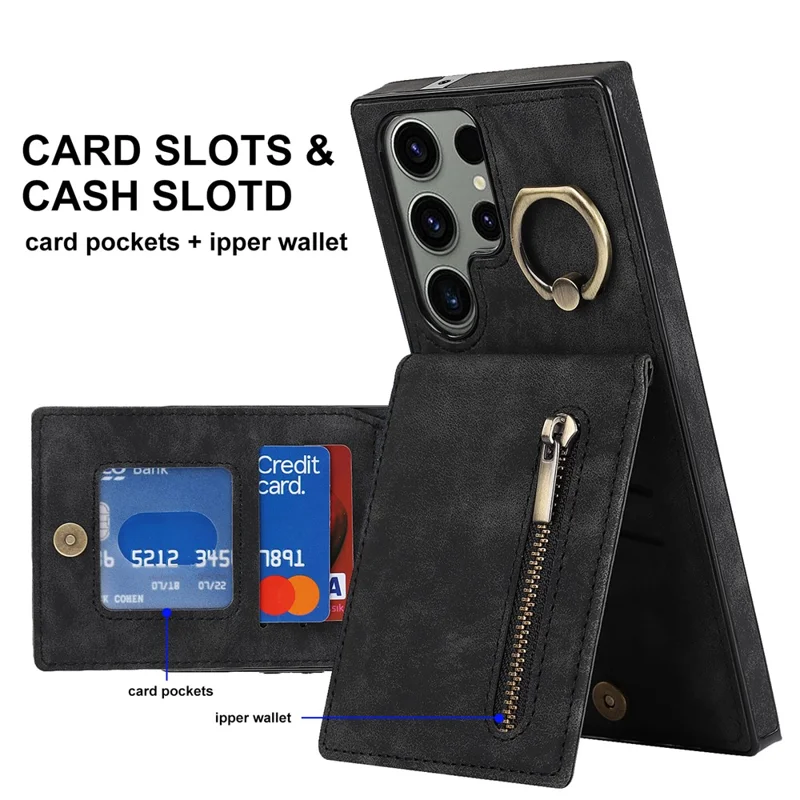 Kickstand Phone Cover for Samsung Galaxy S23 Ultra RFID Blocking PU+TPU Wallet Phone Case - Black
