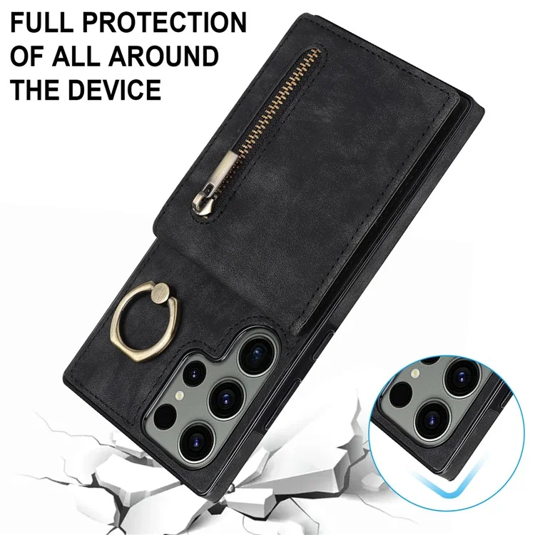 Kickstand Phone Cover for Samsung Galaxy S23 Ultra RFID Blocking PU+TPU Wallet Phone Case - Black