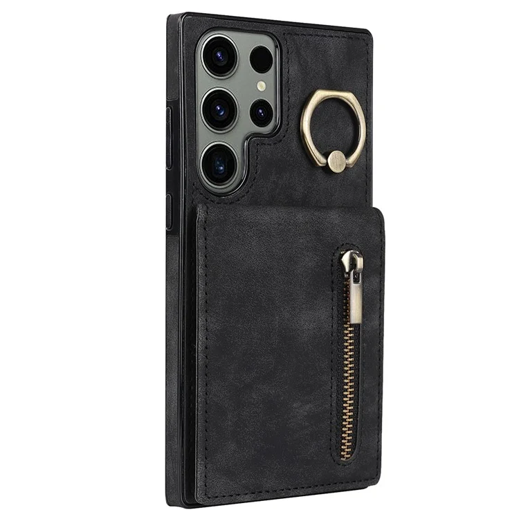 Kickstand Phone Cover for Samsung Galaxy S23 Ultra RFID Blocking PU+TPU Wallet Phone Case - Black