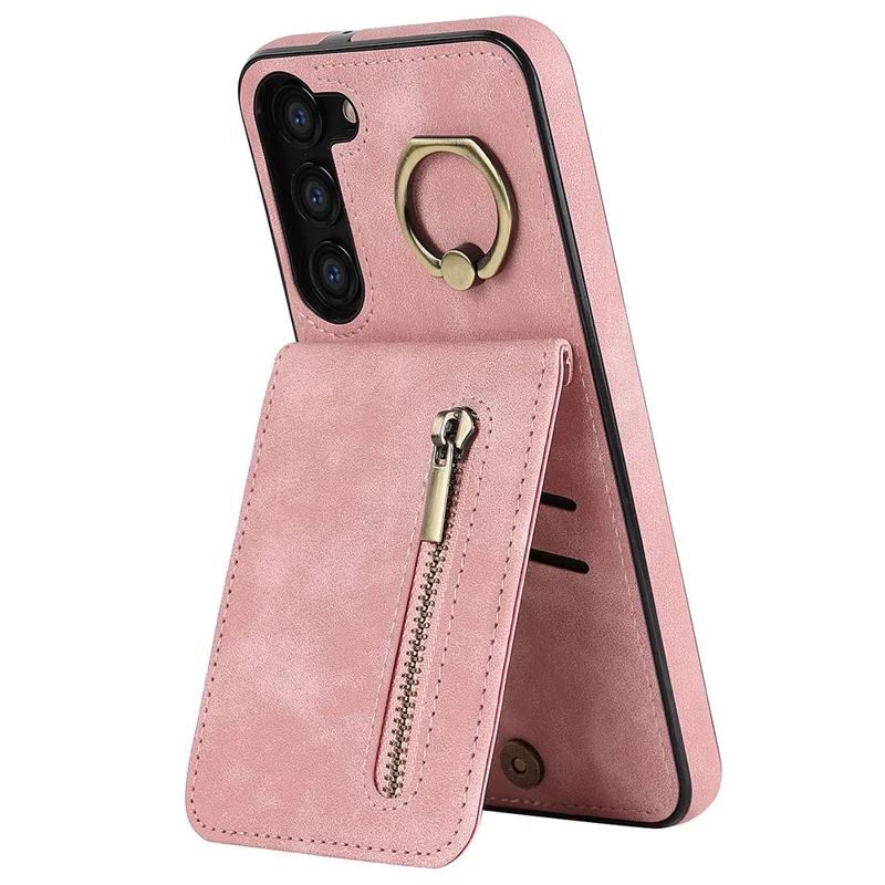 RFID Blocking Kickstand Case for Samsung Galaxy S23 Anti-Drop PU+TPU Phone Cover with Zippered Wallet - Pink