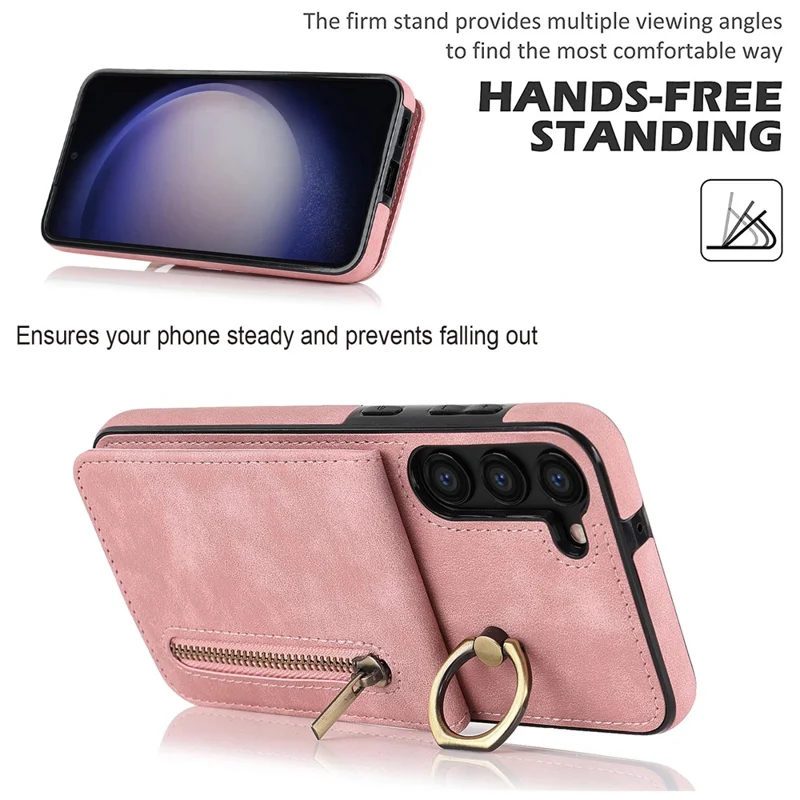 RFID Blocking Kickstand Case for Samsung Galaxy S23 Anti-Drop PU+TPU Phone Cover with Zippered Wallet - Pink
