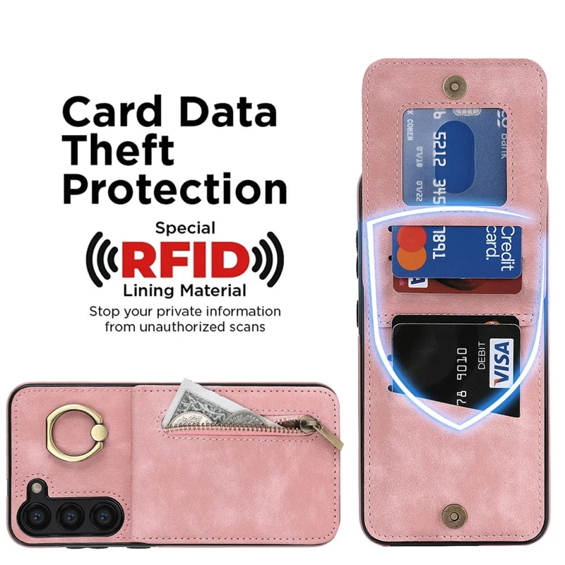 RFID Blocking Kickstand Case for Samsung Galaxy S23 Anti-Drop PU+TPU Phone Cover with Zippered Wallet - Pink