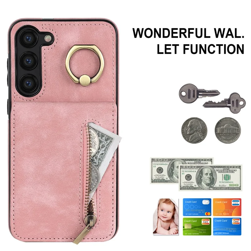 RFID Blocking Kickstand Case for Samsung Galaxy S23 Anti-Drop PU+TPU Phone Cover with Zippered Wallet - Pink