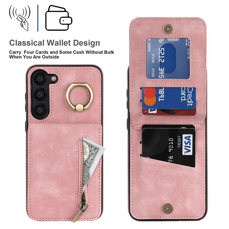 RFID Blocking Kickstand Case for Samsung Galaxy S23 Anti-Drop PU+TPU Phone Cover with Zippered Wallet - Pink