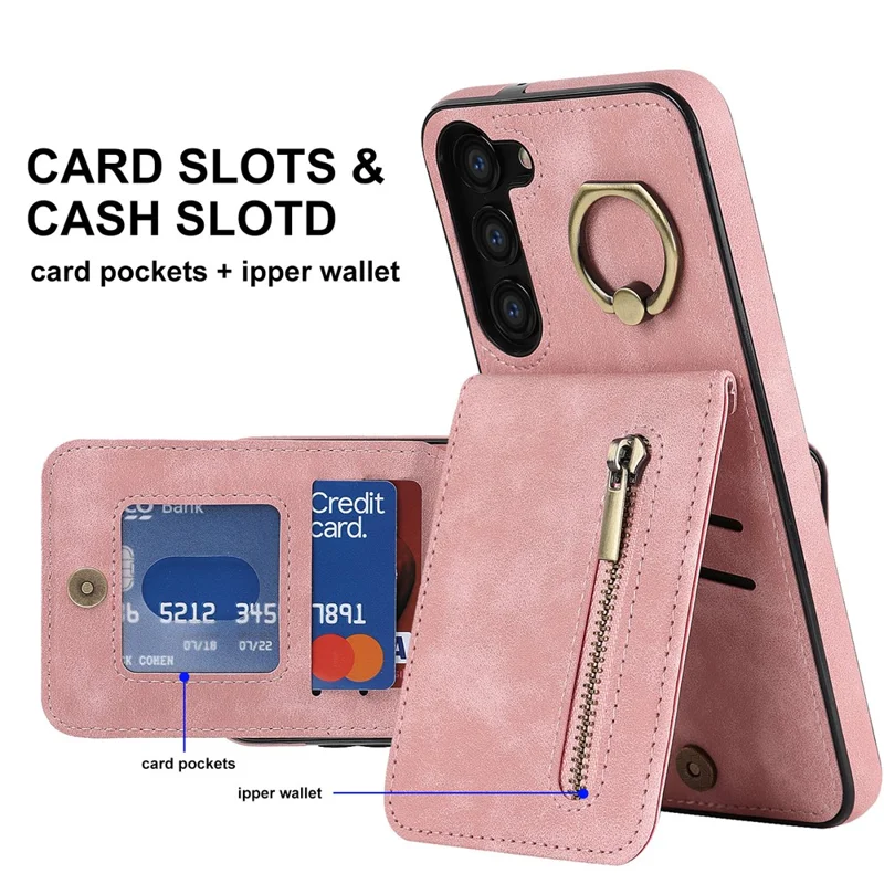 RFID Blocking Kickstand Case for Samsung Galaxy S23 Anti-Drop PU+TPU Phone Cover with Zippered Wallet - Pink