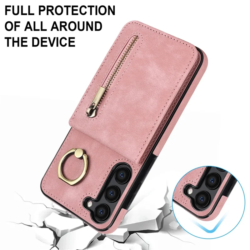 RFID Blocking Kickstand Case for Samsung Galaxy S23 Anti-Drop PU+TPU Phone Cover with Zippered Wallet - Pink