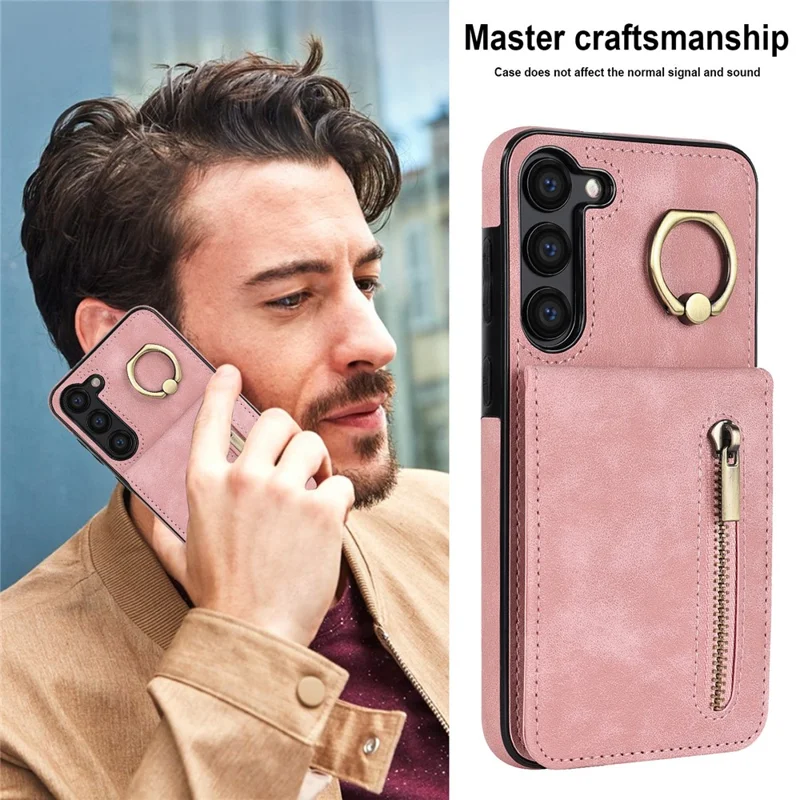 RFID Blocking Kickstand Case for Samsung Galaxy S23 Anti-Drop PU+TPU Phone Cover with Zippered Wallet - Pink