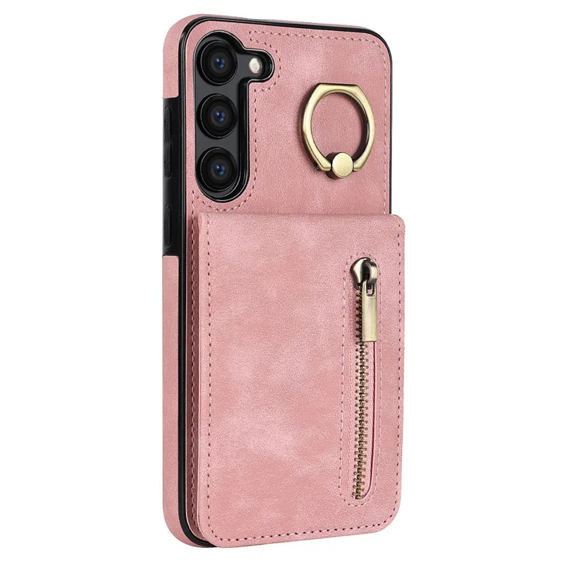 RFID Blocking Kickstand Case for Samsung Galaxy S23 Anti-Drop PU+TPU Phone Cover with Zippered Wallet - Pink