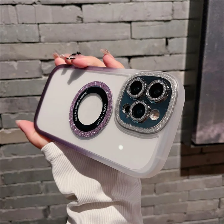 Per iPhone 14 Pro Max Anti-Scratch Cover Glittery Powder Clear Acrylic+TPU+Tempered Glass Shell Compatible with MagSafe - Gradient Purple