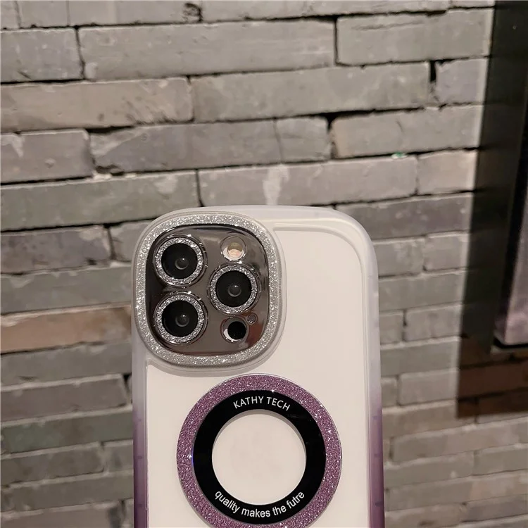 Per iPhone 14 Pro Max Anti-Scratch Cover Glittery Powder Clear Acrylic+TPU+Tempered Glass Shell Compatible with MagSafe - Gradient Purple