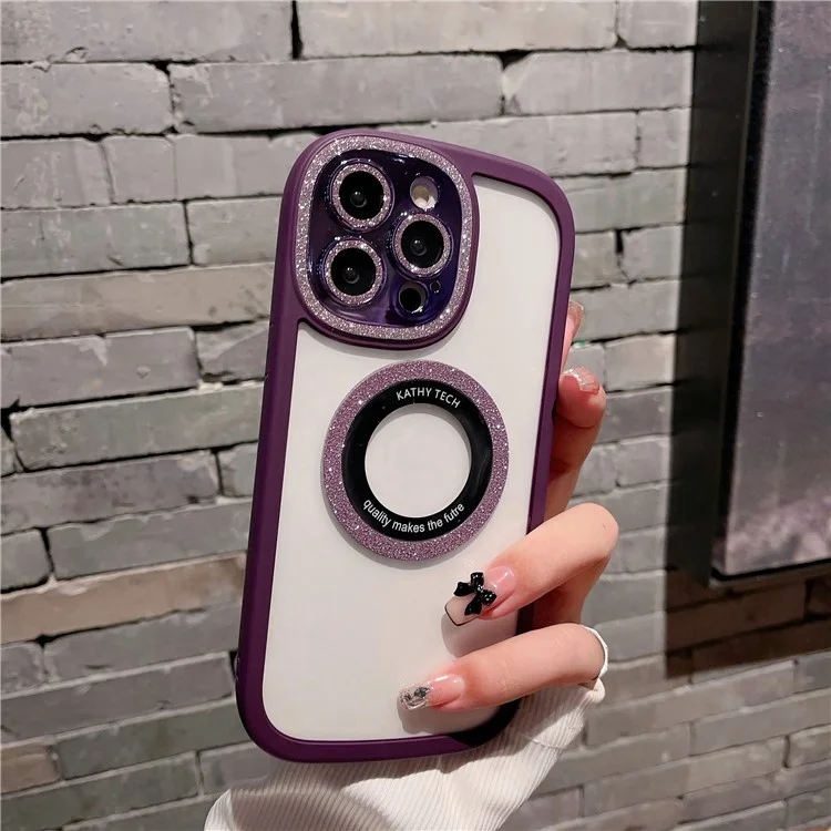 Per iPhone 14 Pro Max Anti-Scratch Cover Glittery Powder Clear Acrylic+TPU+Tempered Glass Shell Compatible with MagSafe - Gradient Purple