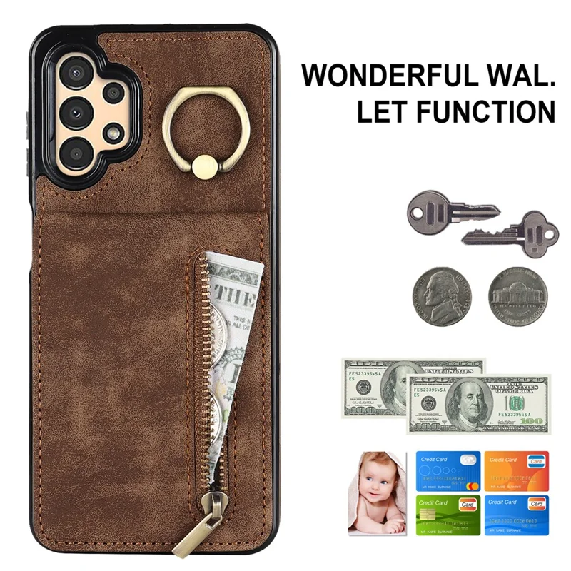 For Samsung Galaxy A13 5G / A13 4G RFID Blocking Kickstand Case Retro PU+TPU Wallet Phone Cover - Brown