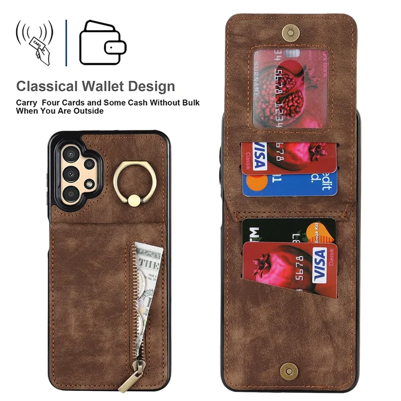 For Samsung Galaxy A13 5G / A13 4G RFID Blocking Kickstand Case Retro PU+TPU Wallet Phone Cover - Brown