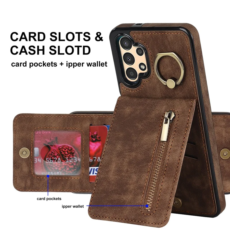 For Samsung Galaxy A13 5G / A13 4G RFID Blocking Kickstand Case Retro PU+TPU Wallet Phone Cover - Brown