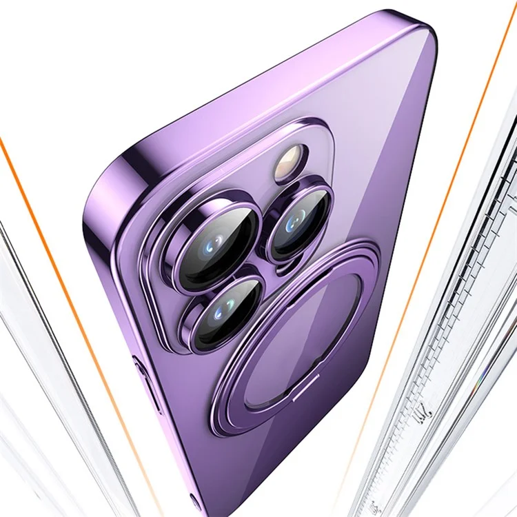 For iPhone 14 Pro Anti-Scratch Shell Compatible with MagSafe Phone Case TPU+Acrylic+Zinc Alloy Kickstand Transparent Cover - Purple