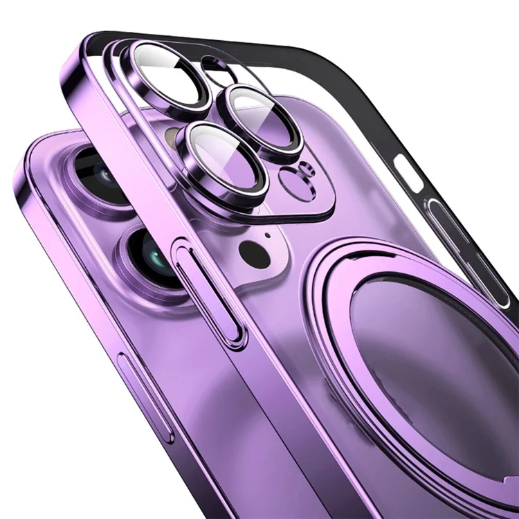 For iPhone 14 Pro Anti-Scratch Shell Compatible with MagSafe Phone Case TPU+Acrylic+Zinc Alloy Kickstand Transparent Cover - Purple