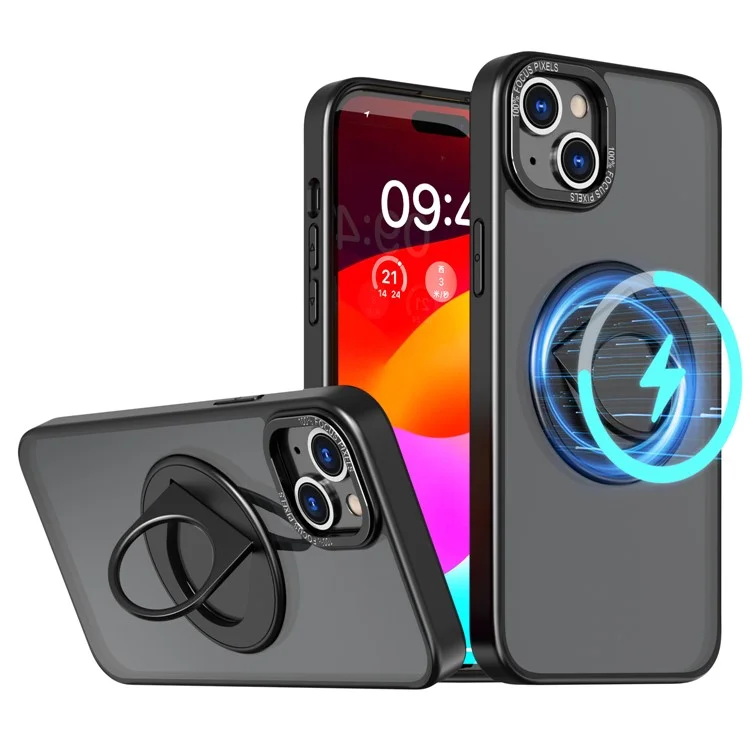 Style-A Metal Kickstand Phone Case pour iPhone 15 Compatible avec MagSafe Acrylic+TPU Cover - Noir