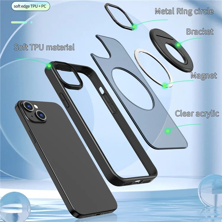 Style-A Metal Kickstand Phone Case pour iPhone 15 Compatible avec MagSafe Acrylic+TPU Cover - Noir