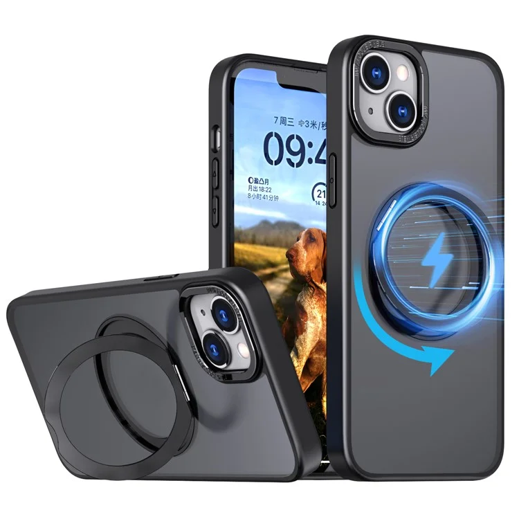 Funda para teléfono con soporte de anillo de estilo B para iPhone 15, compatible con MagSafe, cubierta de teléfono de acrílico+TPU transparente - Negro