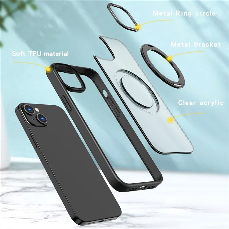 Funda para teléfono con soporte de anillo de estilo B para iPhone 15, compatible con MagSafe, cubierta de teléfono de acrílico+TPU transparente - Negro