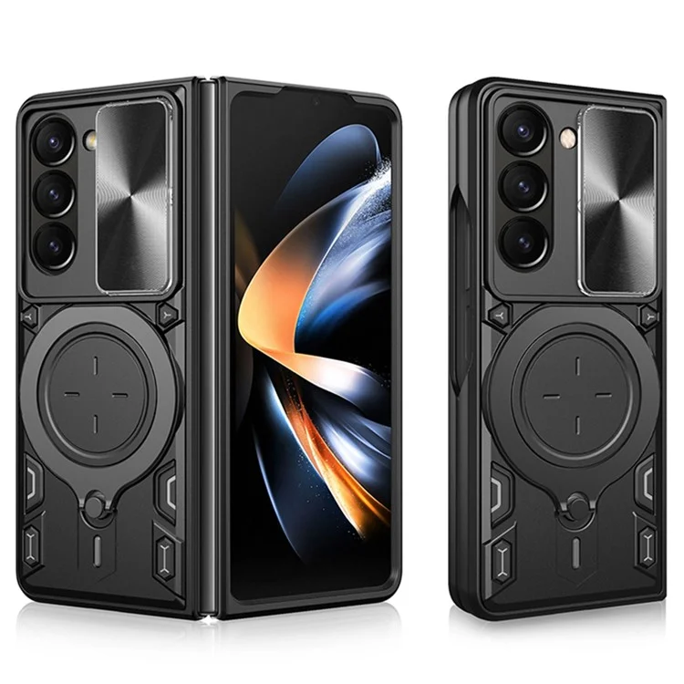 Para Samsung Galaxy Z Fold5 5G Rotary Kickstand Phone Cover PC+TPU Case com Slide Lens Protection - Preto