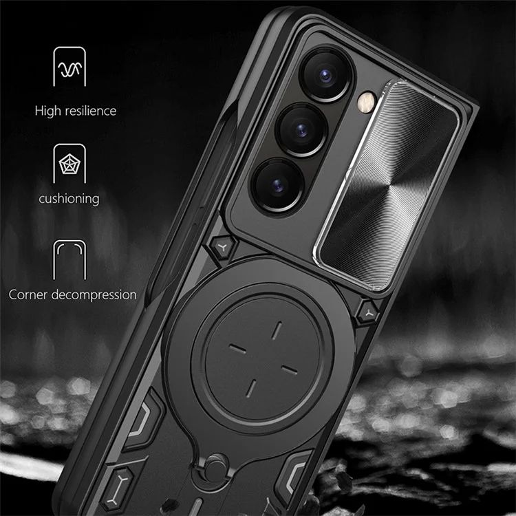 Para Samsung Galaxy Z Fold5 5G Rotary Kickstand Phone Cover PC+TPU Case com Slide Lens Protection - Preto