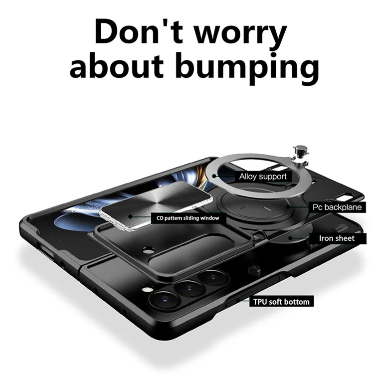 Para Samsung Galaxy Z Fold5 5G Rotary Kickstand Phone Cover PC+TPU Case com Slide Lens Protection - Preto