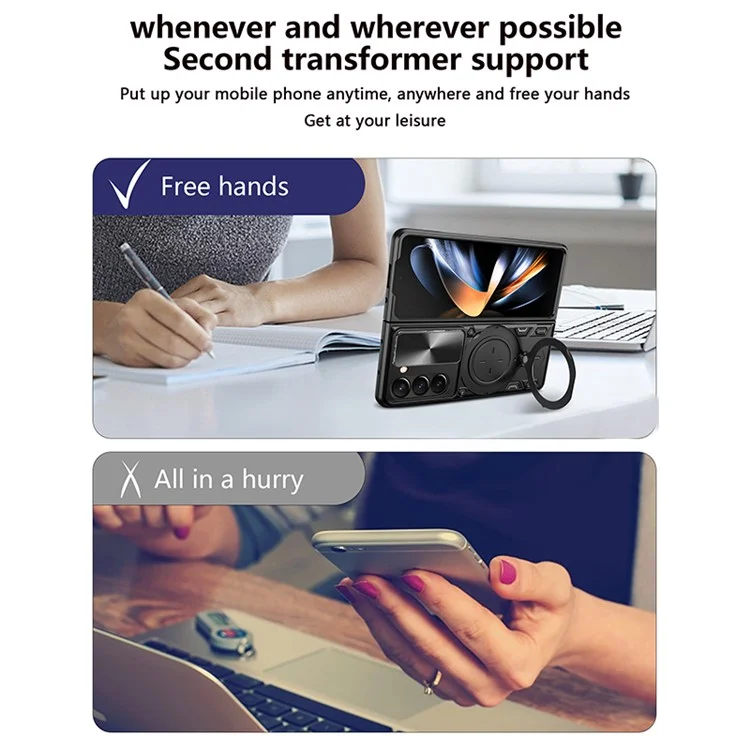Para Samsung Galaxy Z Fold5 5G Rotary Kickstand Phone Cover PC+TPU Case com Slide Lens Protection - Preto
