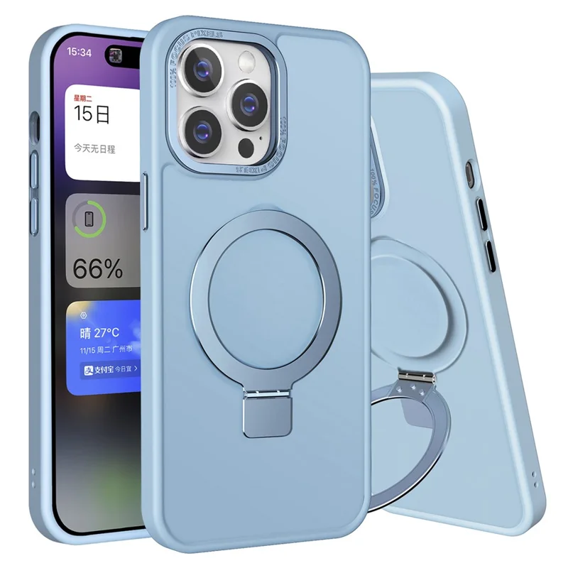 Bulk Buy Magnetic Phone Shell for iPhone 15 Pro , Anti-Scratch Phone Case Aluminum Alloy Kickstand PC+TPU Cover - Blu